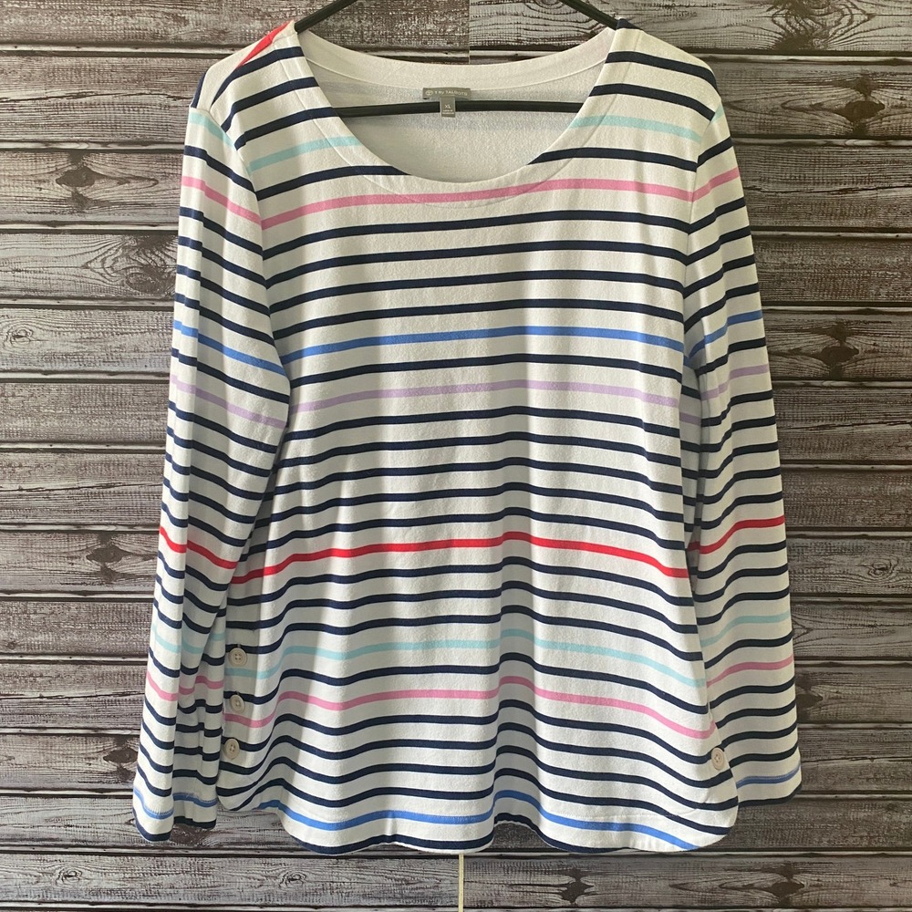 T by Talbots Women's Long-Sleeved Top Size XL White Multicolor Stripe Button